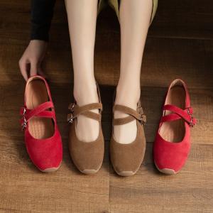 Cross Straps Suede Leather Mary Jane Ballet Flats