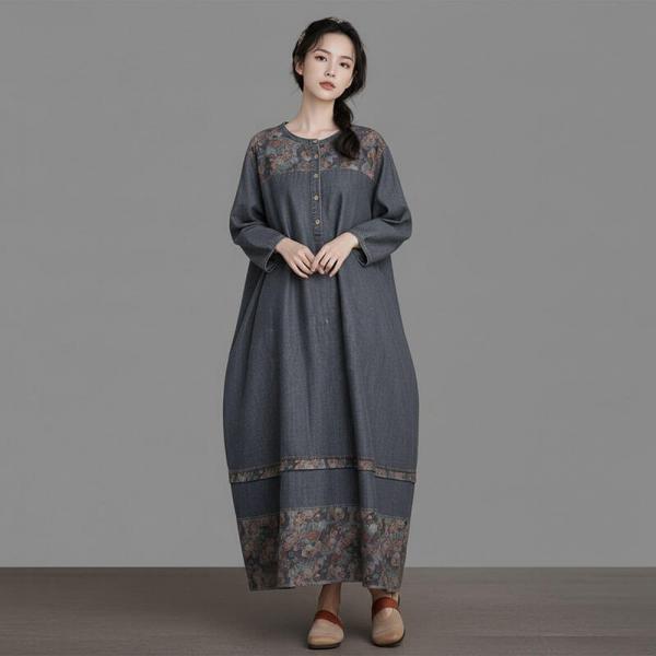 Vintage Denim Long Sleeve Round Neck Printed Geometric Print comfy western oversized ulzzang