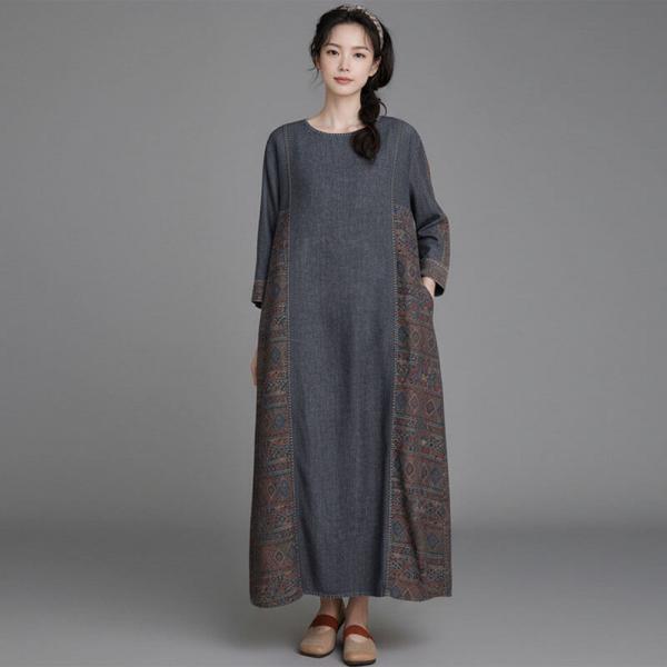 Street Denim Long Sleeve Round Neck Printed Red Black comfy western oversized