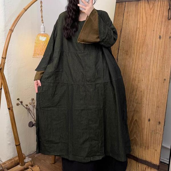 Street Denim Long Sleeve Round Neck Solid Color Dark Green Coffee comfy oversized plus size lazy day cottagecore rustic