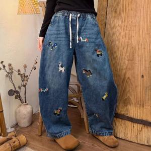 Lovely Horse Patchwork Blue Barrel Jeans
