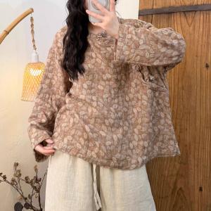 Oriental Frog Buttons Printed Linen Blouse