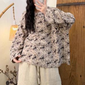 Oriental Frog Buttons Printed Linen Blouse