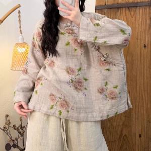 Oriental Frog Buttons Printed Linen Blouse