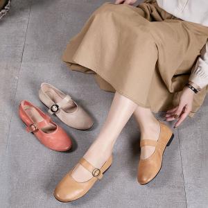 Pastel Colors Buckle Straps Leather Mary Jane Flats