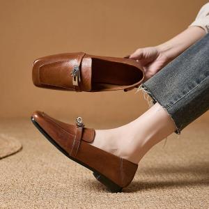 Square Toe Metal Buckle Horse Skin Loafers