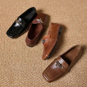 Square Toe Metal Buckle Horse Skin Loafers