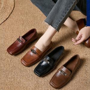 Square Toe Metal Buckle Horse Skin Loafers