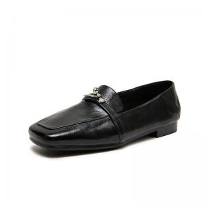 Square Toe Metal Buckle Horse Skin Loafers
