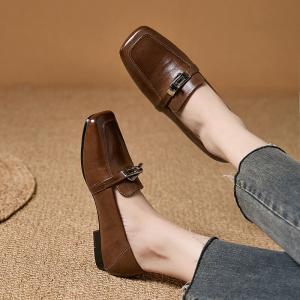 Square Toe Metal Buckle Horse Skin Loafers
