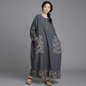 Printed Pockets Flouncing Hem Maxi Jean Dress