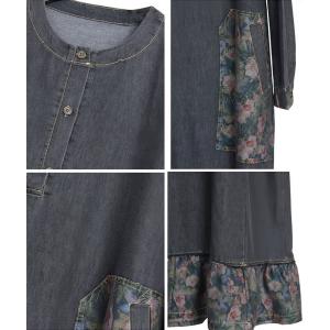 Printed Pockets Flouncing Hem Maxi Jean Dress