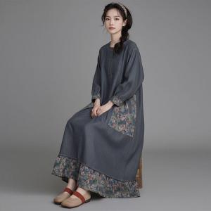 Printed Pockets Flouncing Hem Maxi Jean Dress