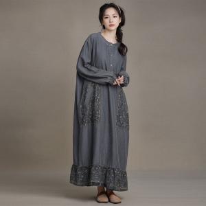 Printed Pockets Flouncing Hem Maxi Jean Dress