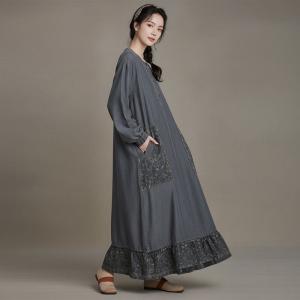 Printed Pockets Flouncing Hem Maxi Jean Dress