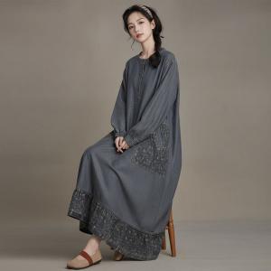 Printed Pockets Flouncing Hem Maxi Jean Dress