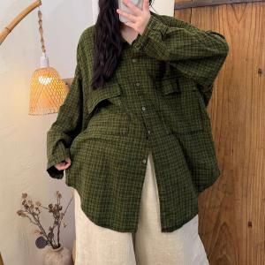 Long Sleeves Gingham Cotton Linen Ladies Shirt