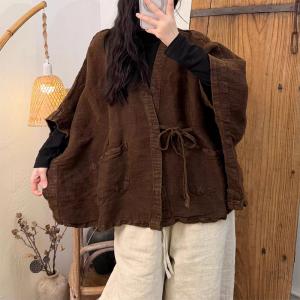 V-Neck Coffee Chunky Linen Oversized Kimono