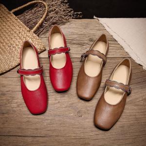 Lace Straps Square Toe Leather Ballet Flats