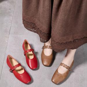 Lace Straps Square Toe Leather Ballet Flats