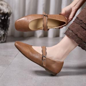 Lace Straps Square Toe Leather Ballet Flats