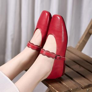 Lace Straps Square Toe Leather Ballet Flats