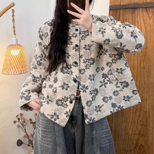 Casual 100% Linen Long Sleeve Round Neck Printed Beige Gray Flowers comfy oversized lazy day slouchy resort travel cottagecore rustic