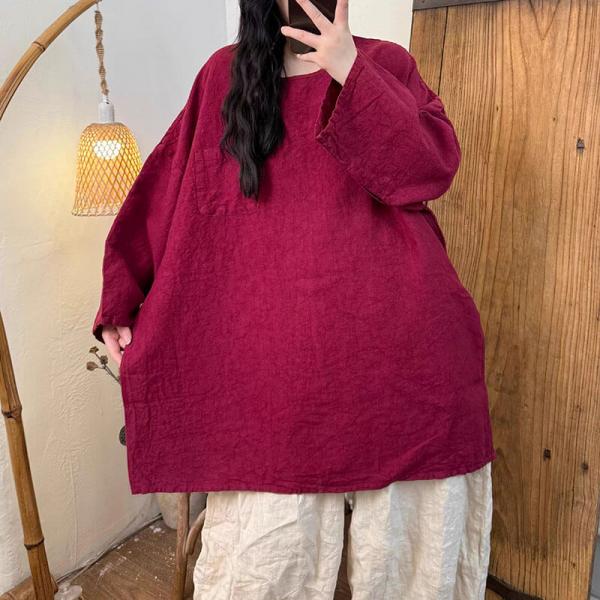 Casual 100% Linen Long Sleeve Round Neck Solid Color Purple Red Lake Blue Rust Dark Gray Chocolate comfy cottagecore rustic conservative oriental plus size lazy day slouchy
