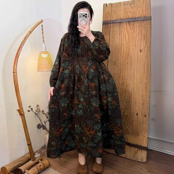 Holiday 45% Cotton+55% Linen Long Sleeve Round Neck Printed Black Dark Coffee Light comfy tropical hawaiian oversized lazy day