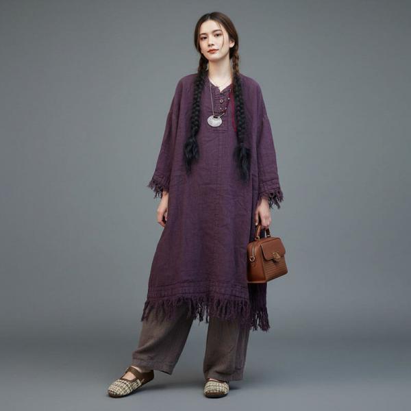 Casual 100% Linen Long Sleeve Round Neck Solid Color Army Green Dark Purple Coffee Apricot comfy rustic cottagecore slouchy lazy day baggy travel resort