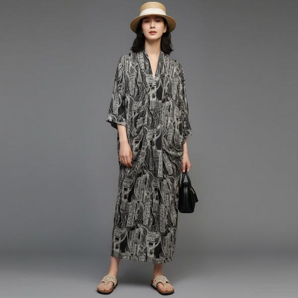 Elegant 85% Silk+15% Plant Fiber 3/4 Sleeve V-Neck Printed Black comfy oversized business casual 90s