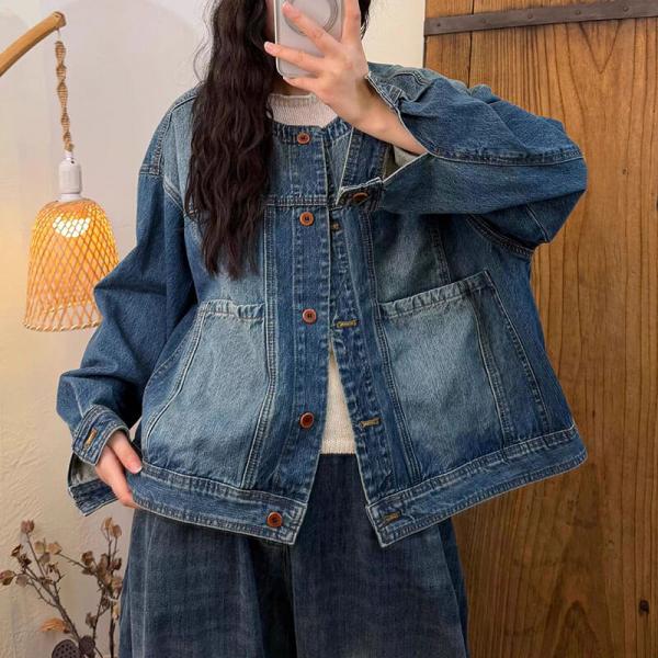 Street 100% Cotton Long Sleeve Round Neck Solid Color Denim Blue comfy western slouchy lazy day ulzzang nashville