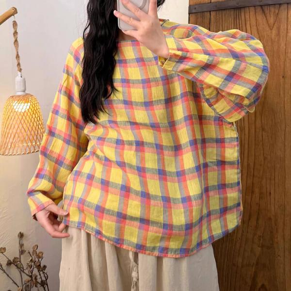 Casual 100% Linen Long Sleeve Round Neck Plaid Yellow Navy Blue comfy western travel resort lazy day slouchy winery brunch