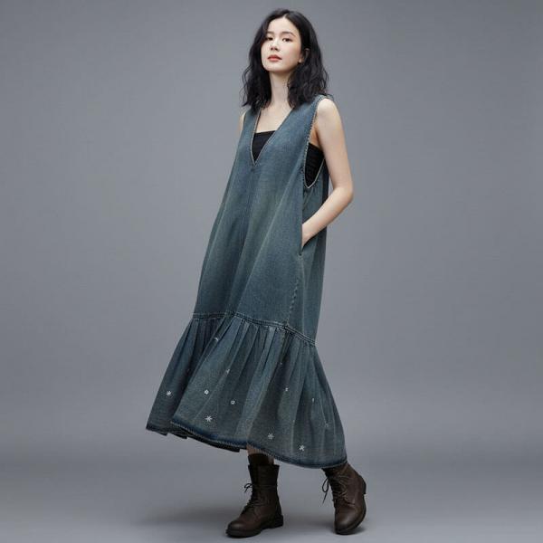 Street 100% Cotton Sleeveless V-Neck Solid Color Blue comfy oversized lazy day resort