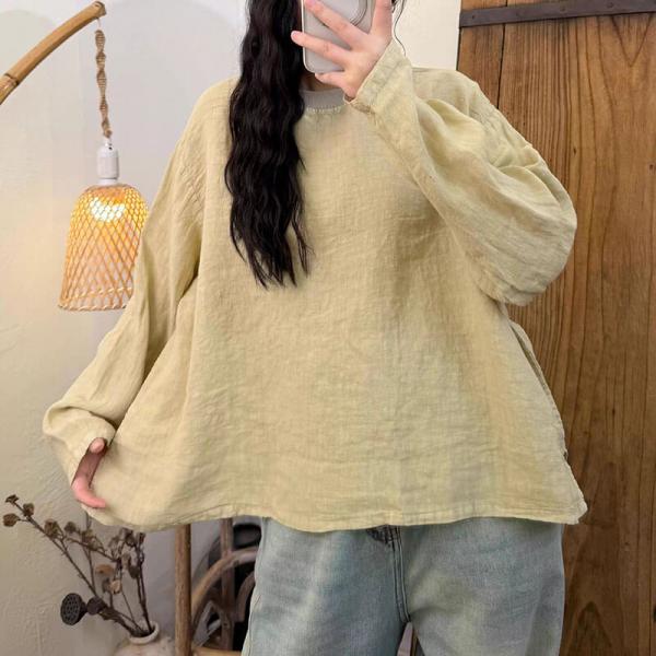 Casual 100% Linen Long Sleeve Round Neck Solid Color Dark Pink Yellow Rose Olive Green Coffee comfy cottagecore rustic tropical hawaiian slouchy oversized travel resort
