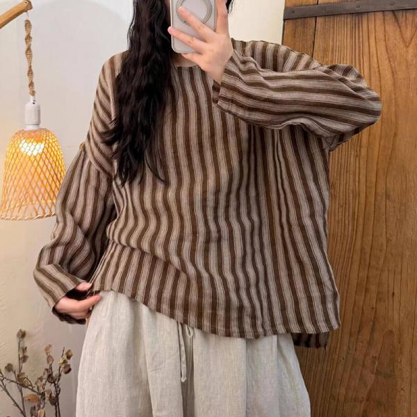 Casual 100% Linen Long Sleeve Round Neck Striped Coffee Black Rust comfy resort travel tropical hawaiian slouchy oversized