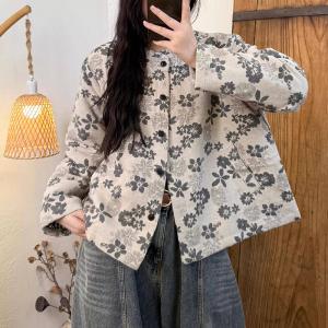 Chunky Linen Flowers Printed Blouse Coat