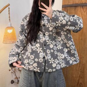 Chunky Linen Flowers Printed Blouse Coat