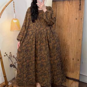 Puff Sleeves Printed Cotton Linen Resort Dress