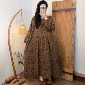 Puff Sleeves Printed Cotton Linen Resort Dress