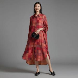 Red Plaids Silky Plus Size Midi Shirt Dress