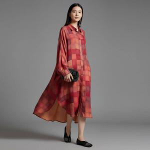 Red Plaids Silky Plus Size Midi Shirt Dress