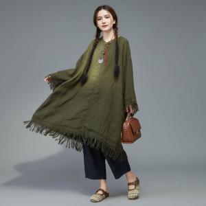 Midi-Length Linen Tassel Modest Caftan