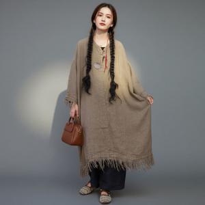 Midi-Length Linen Tassel Modest Caftan