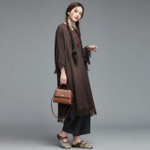Midi-Length Linen Tassel Modest Caftan