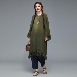 Midi-Length Linen Tassel Modest Caftan