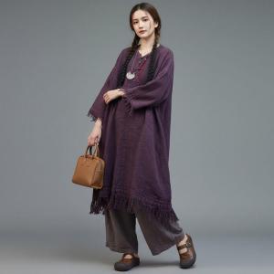Midi-Length Linen Tassel Modest Caftan