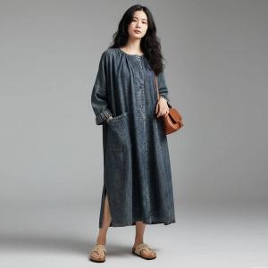 Big Slit Round Neck Long Sleeves Large Jean Dress