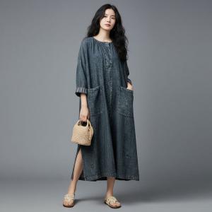 Big Slit Round Neck Long Sleeves Large Jean Dress