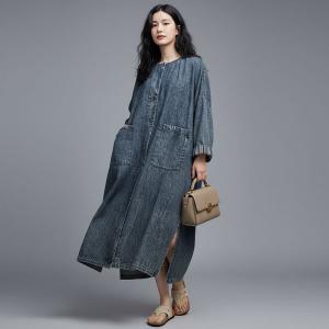 Big Slit Round Neck Long Sleeves Large Jean Dress